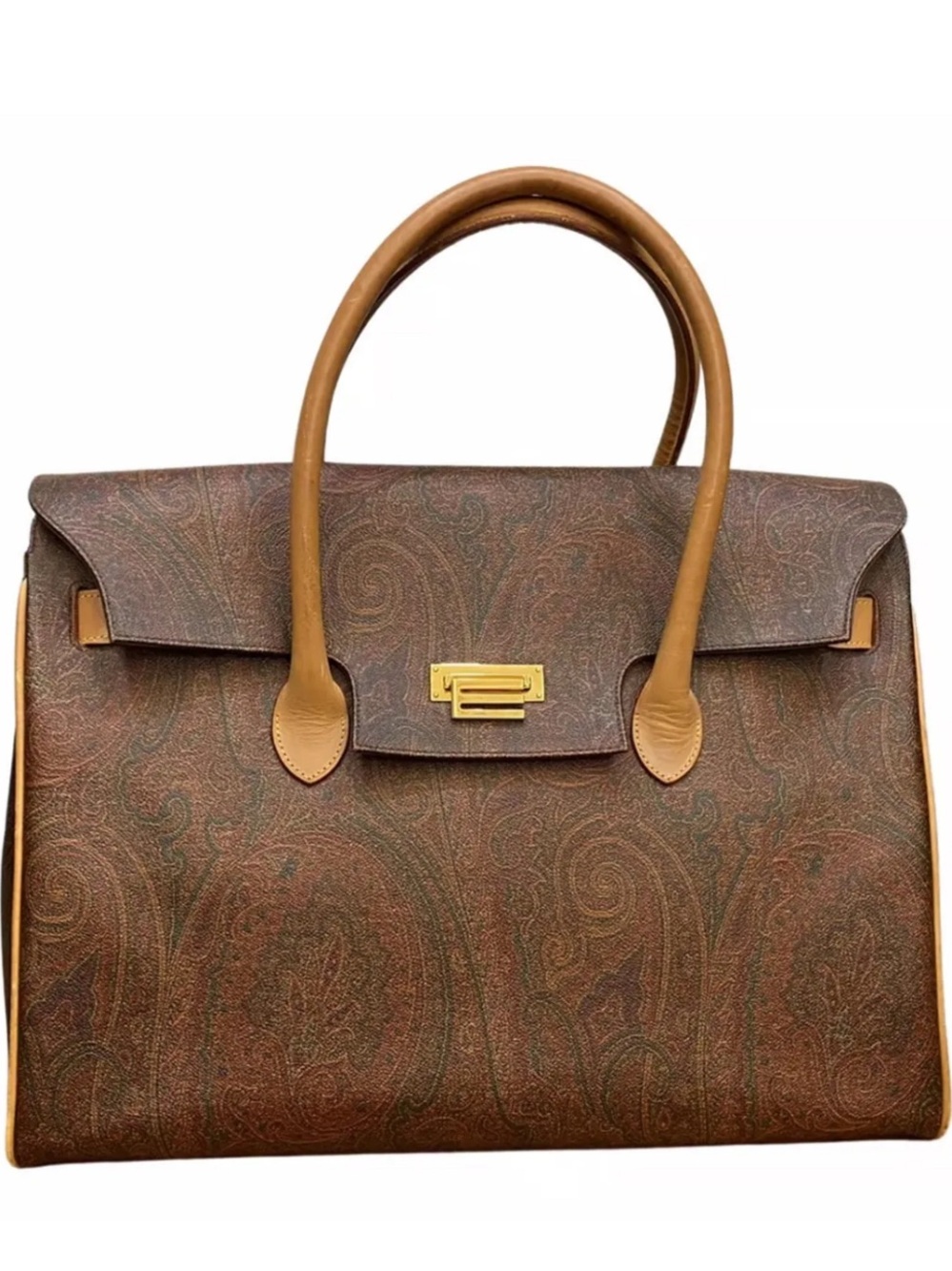 Etro Brown Paisley Satchel with Tan Handles and Gold Hardware
